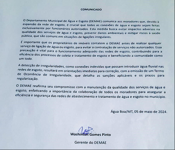 DEMAE convoca moradores para regularizar ligações de água e esgoto em Água Boa