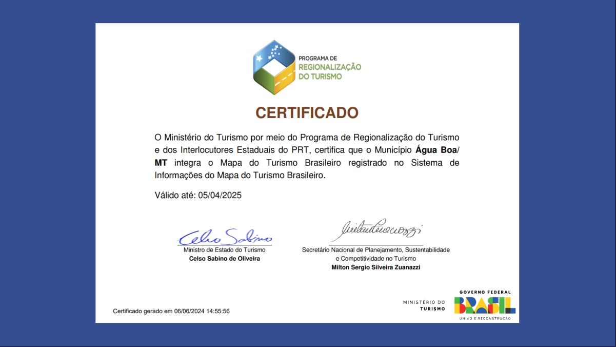 Água Boa recebe certificado de integração no Mapa do Turismo Brasileiro