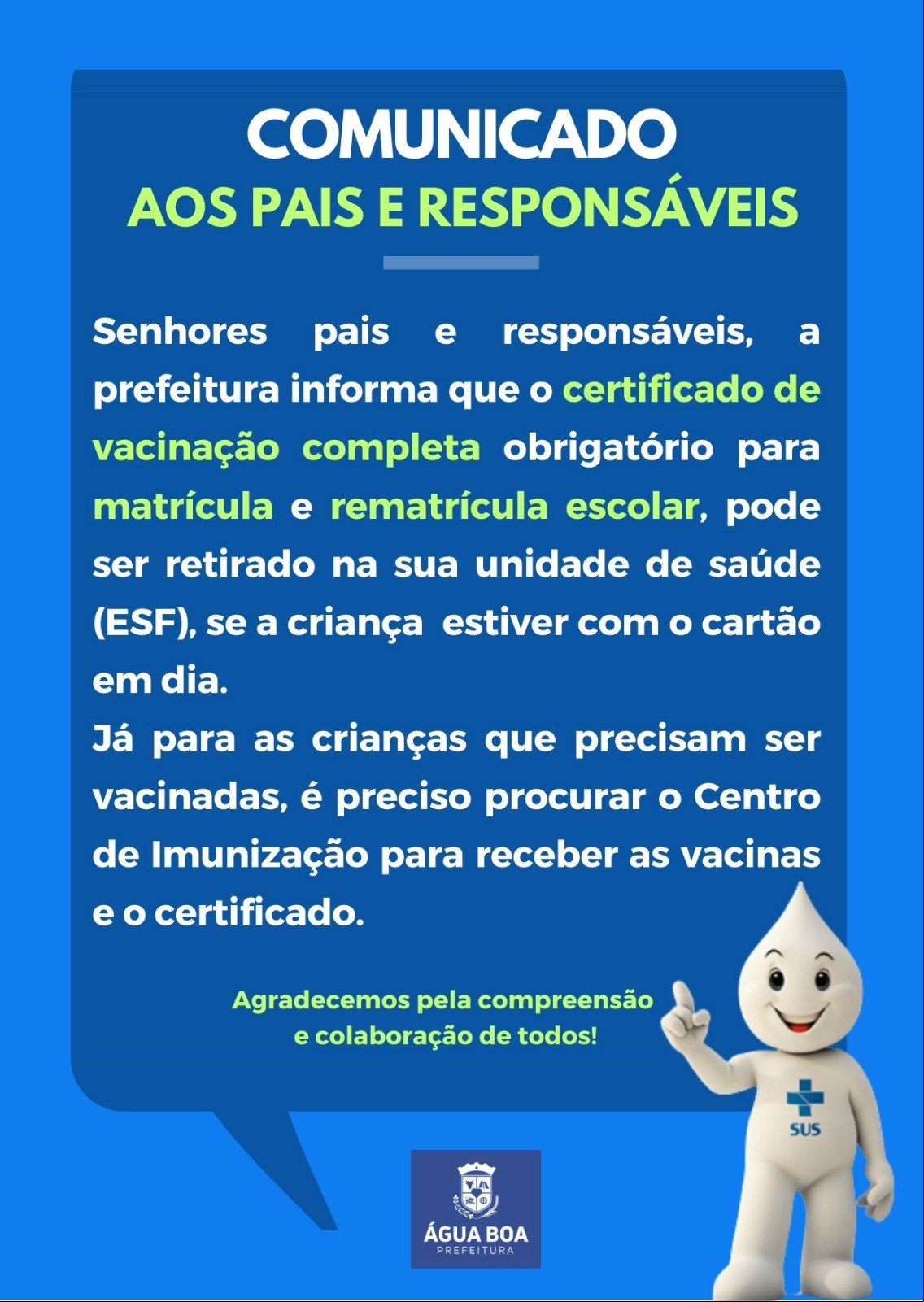Alerta para os pais de crianças em idade escolar sobre Certificado de Vacinação