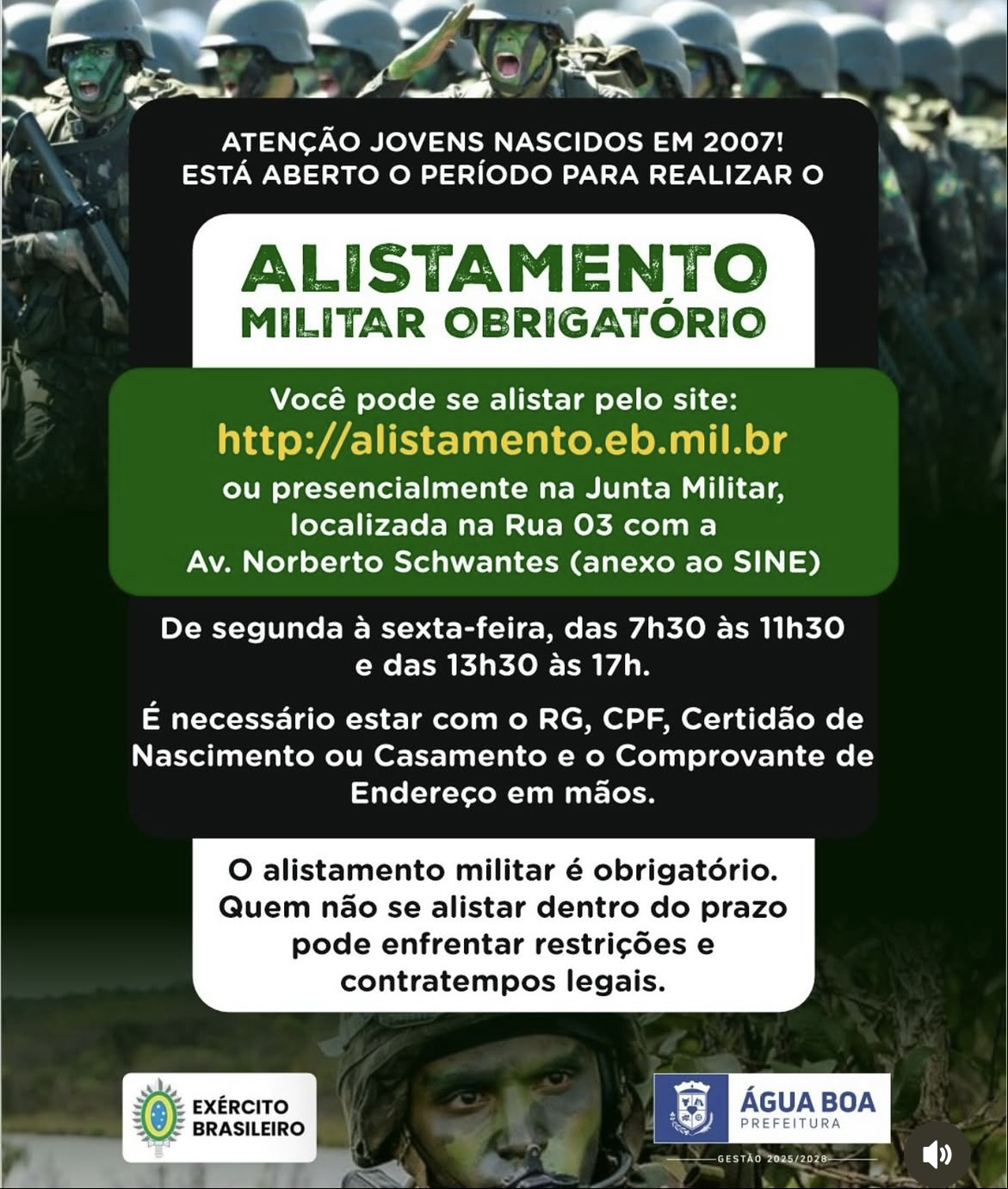 Alistamento Militar obrigatório para jovens nascidos em 2007 já está aberto