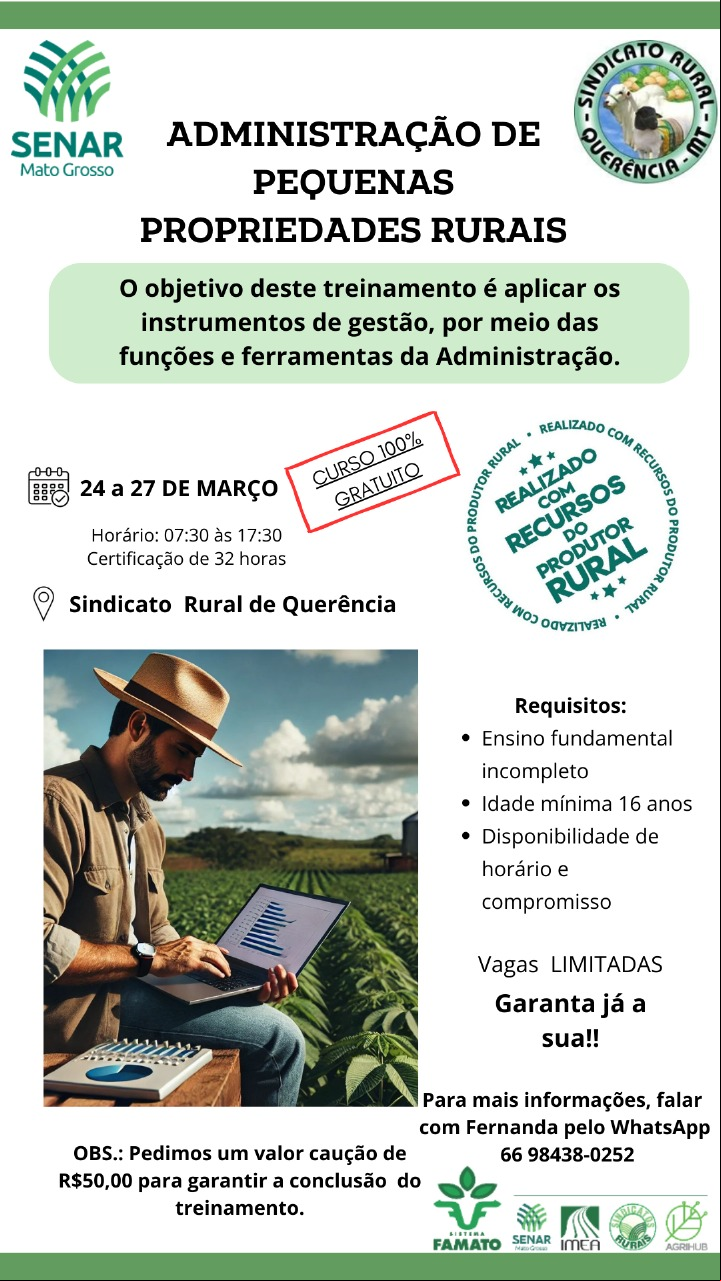 Foto Reprodução Senar-MT e Sindicato Rural de Querência oferecem curso gratuito de istração para pequenas propriedades rurais