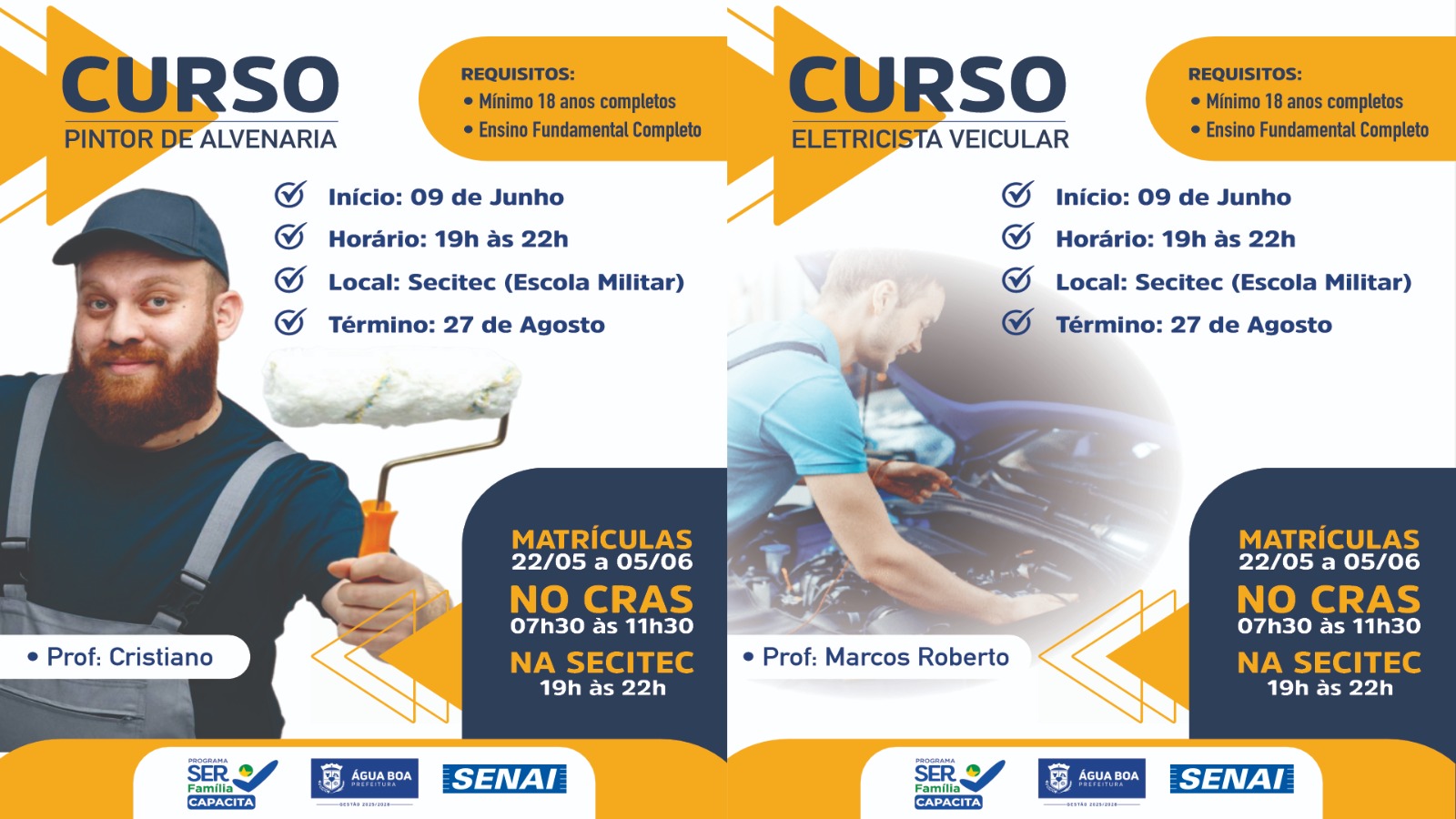 Prefeitura anuncia matrículas para cursos gratuitos de pintor de alvenaria e eletricista veicular
