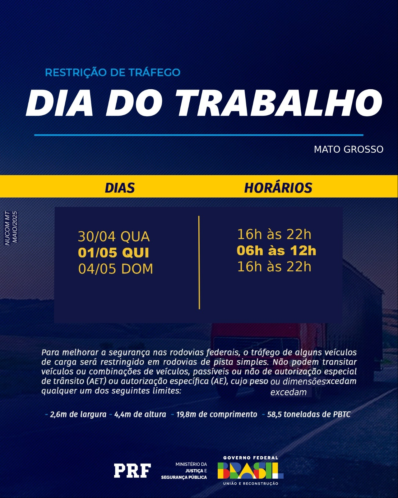PRF inicia Operação Dia do Trabalho com restrição de tráfego para veículos de carga em Mato Grosso